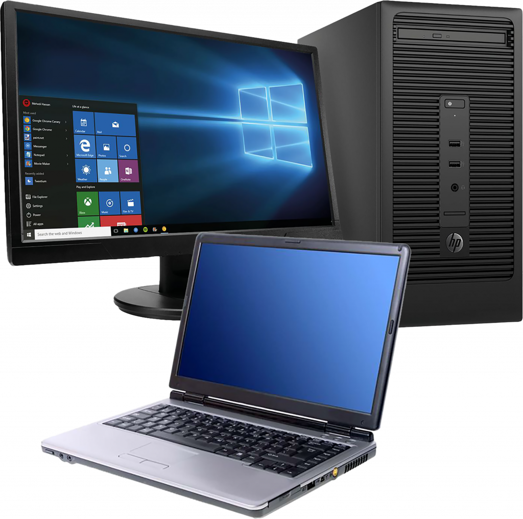 Monitor, desktop computer, and laptop