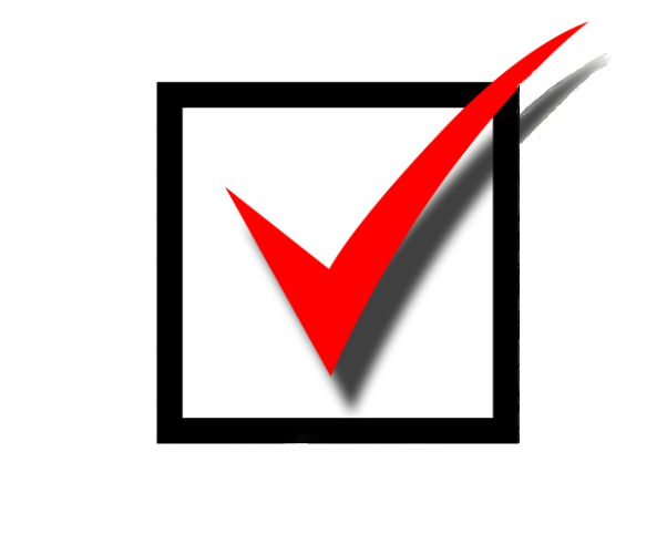 Red checkmark on a white background overlapping a black frame