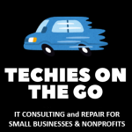 Zooming car in blue above the words TECHIES ON THE GO in white on a black background